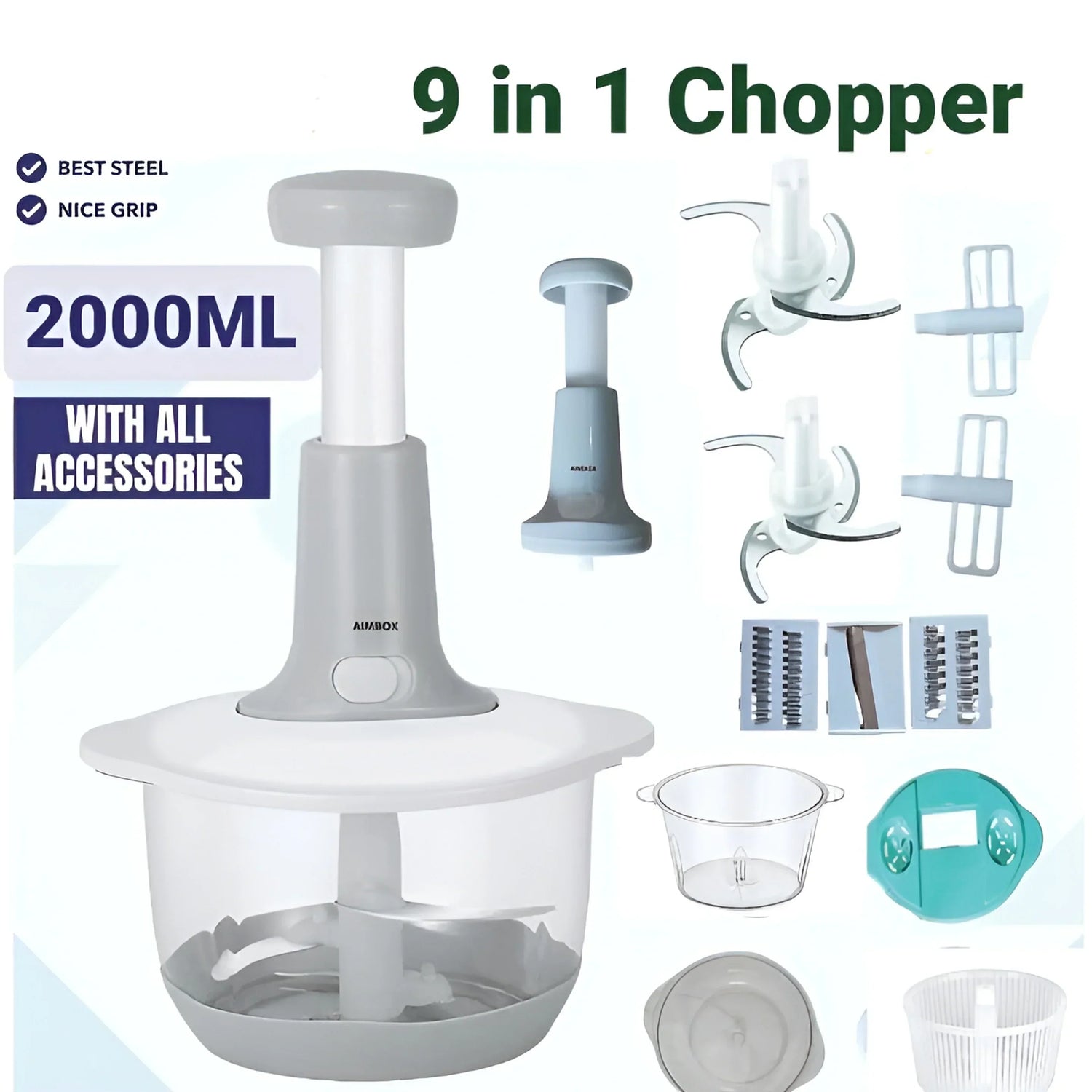 Manual Hand Operated Portable Chopper 2000ml with 3 Free Blades